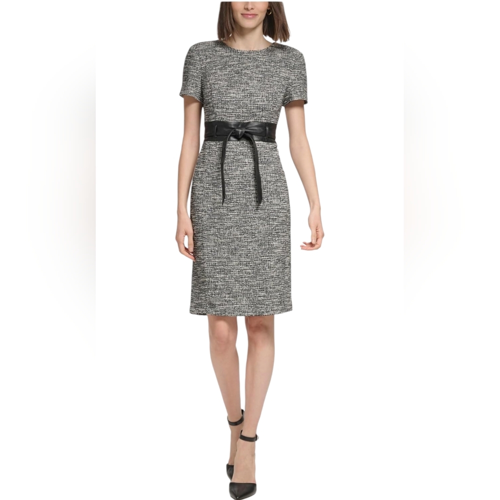Calvin Klein Nwot Black/White Tweed Shortsleeve Faux Leather Belt Sheath Dress